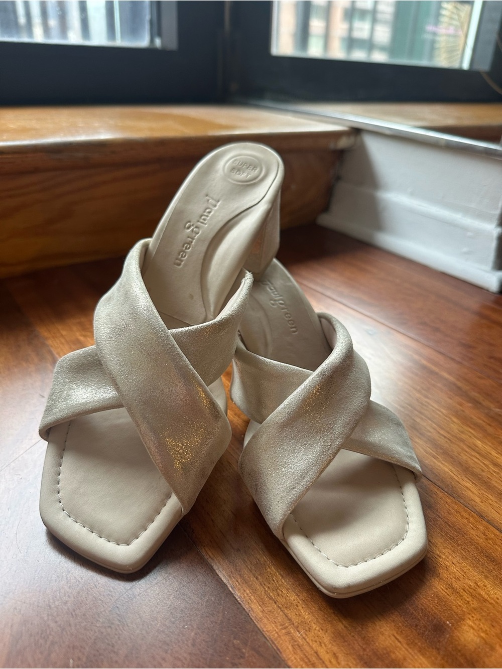 Naturalizer Champagne Metallic Crisscross Heeled Slides